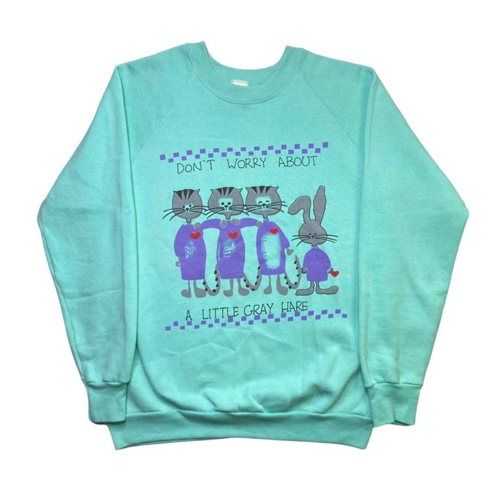 Vintage 80s 90s purple cats and bunnies pastel colored animals crewneck sweater‎